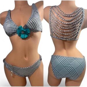 Betsey Johnson Houndstooth and Teal Bikini SET Top AND Bottom 2 Piece Strappy